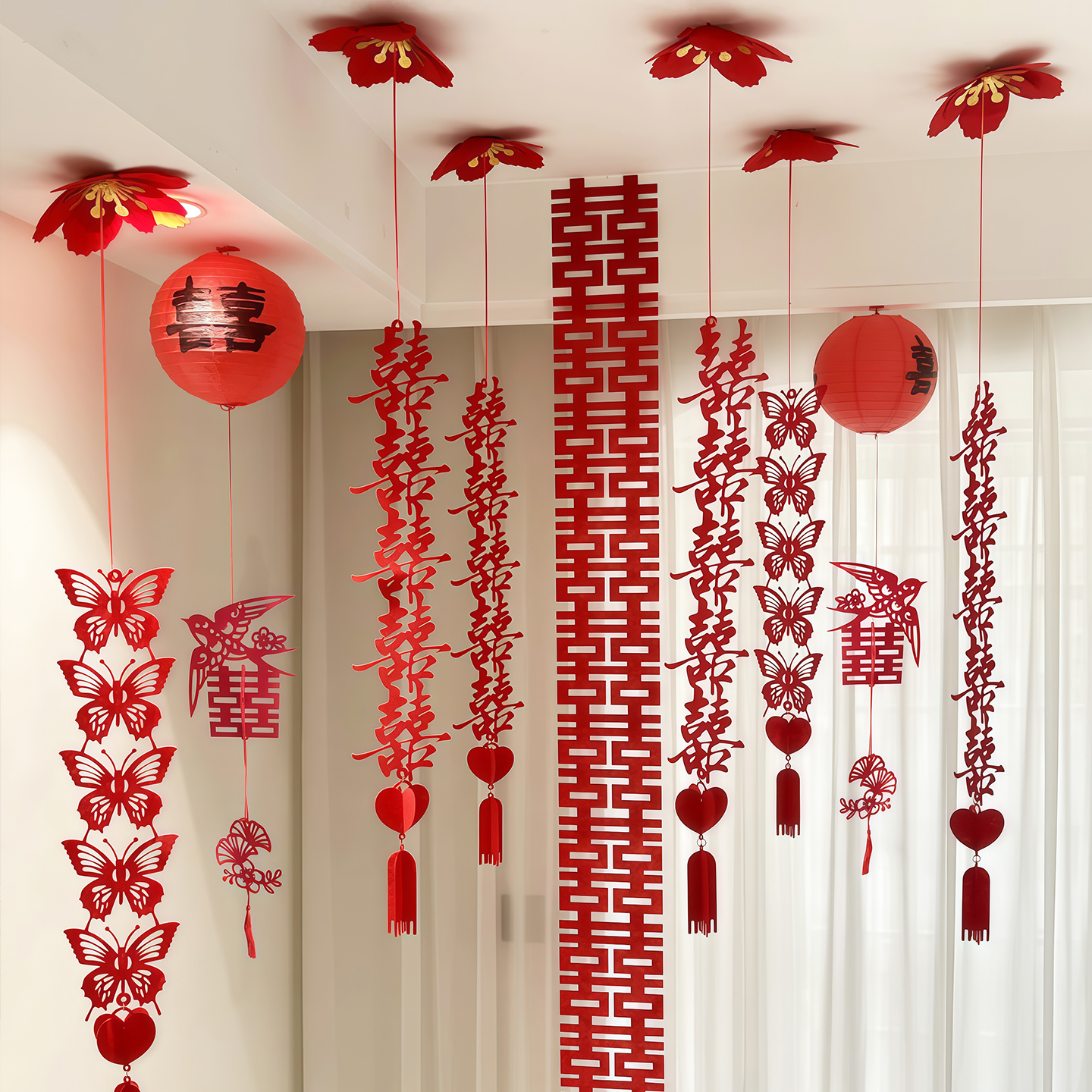 婚房布置吊顶装饰女方卧室喜字拉花挂饰结婚挂饰套装婚礼喜庆用品