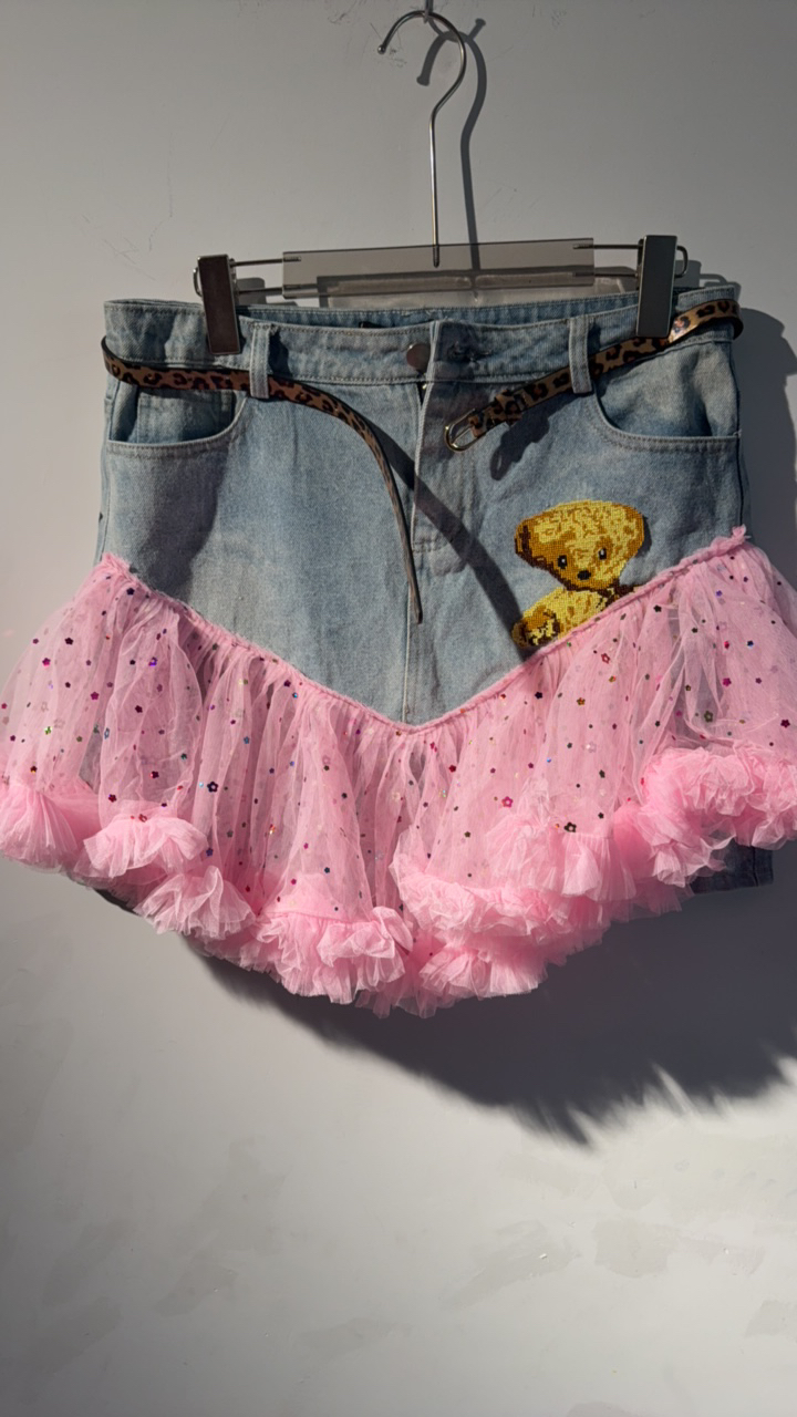 时尚百搭波点网复古做旧设计感牛仔拼接蕾丝短裙