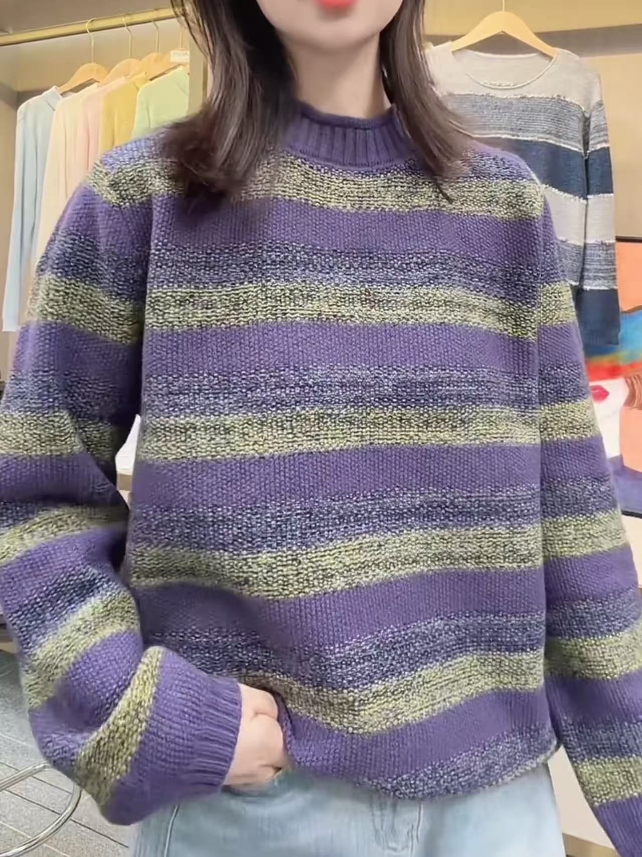 1041【秋香紫  条纹】秋冬加厚针织衫