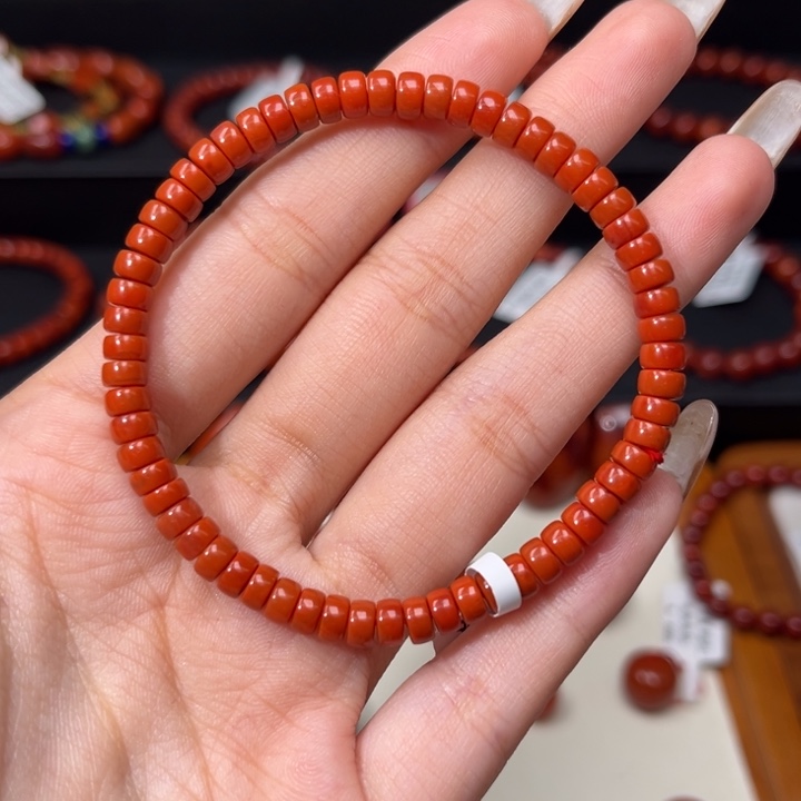 南红玛瑙未镶嵌手链满肉柿子红精工直切药片5mm
