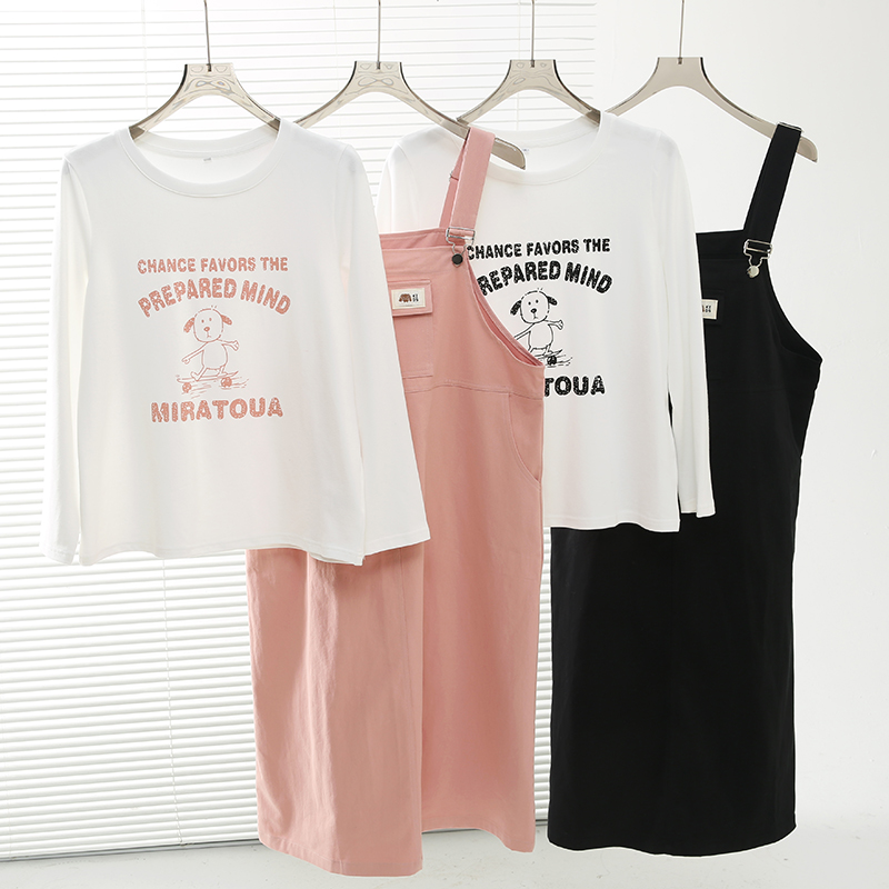 大码女装直筒背带裙T恤两件套女2025春季新款显瘦印花套装131967