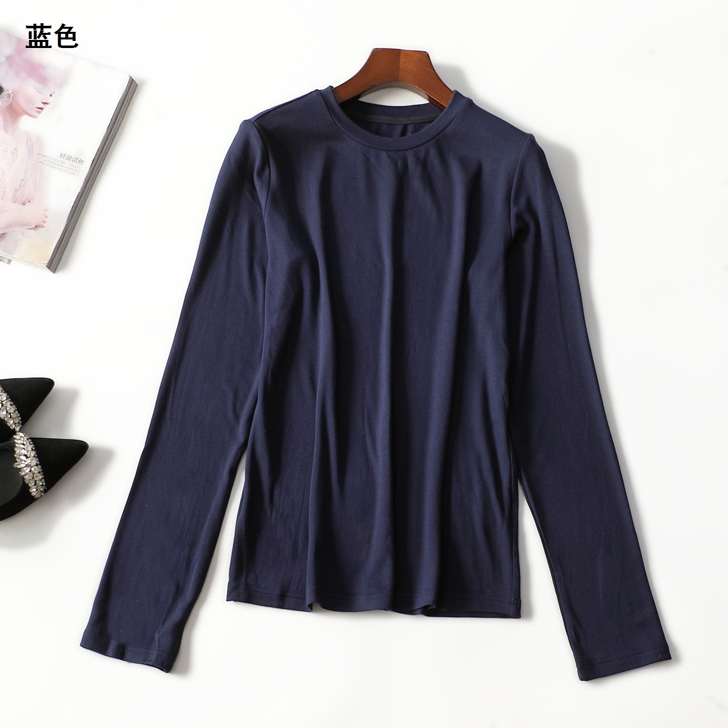 247956秋中长款长袖套头百搭打底衫蓝色内搭秋冬