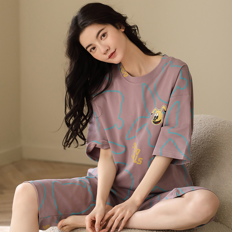 睡衣女夏季2025年新款短袖七分裤纯棉套装夏天家居服T-5288