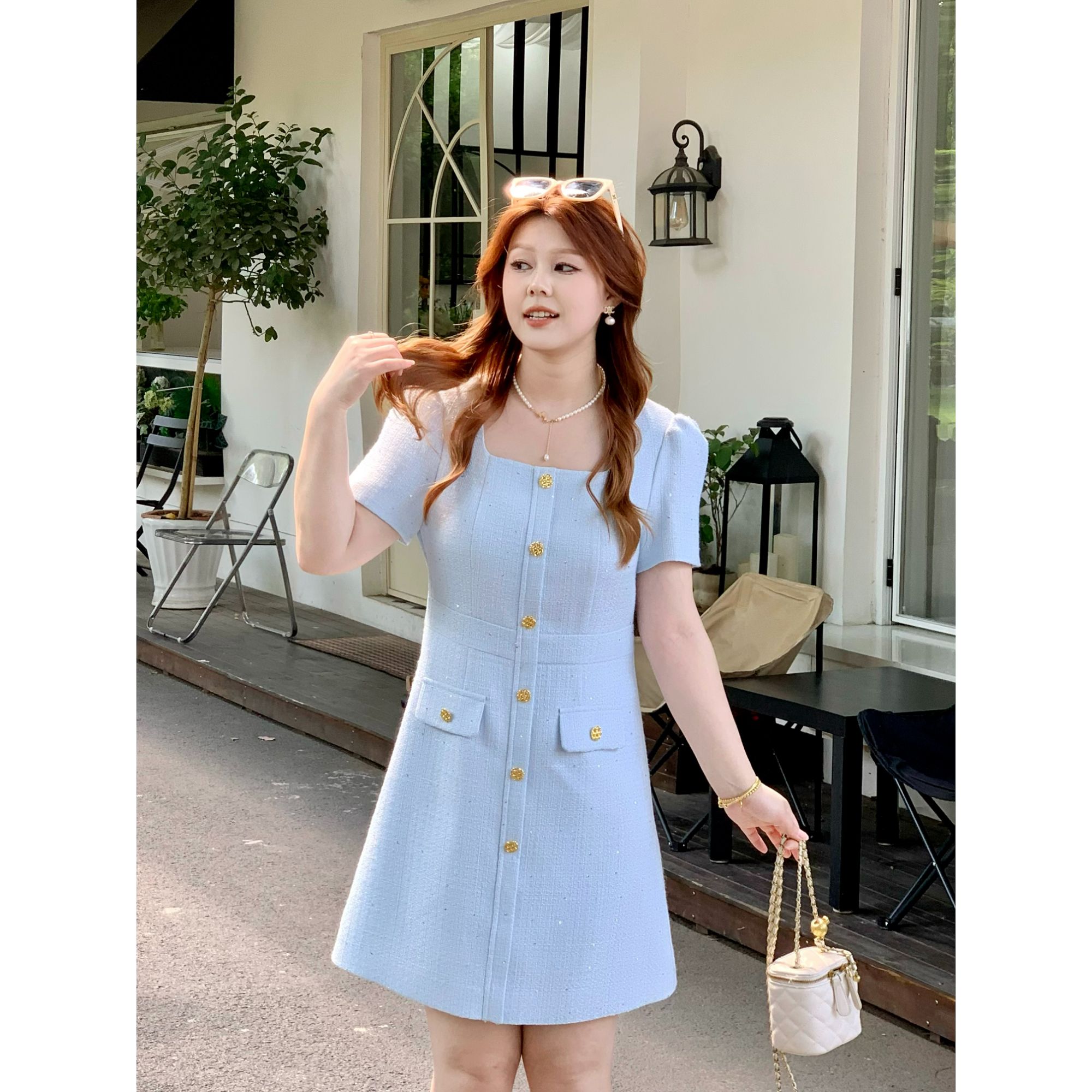 楠序源子微胖女装2025夏季时尚减龄气质显瘦小香连衣裙女DD10375