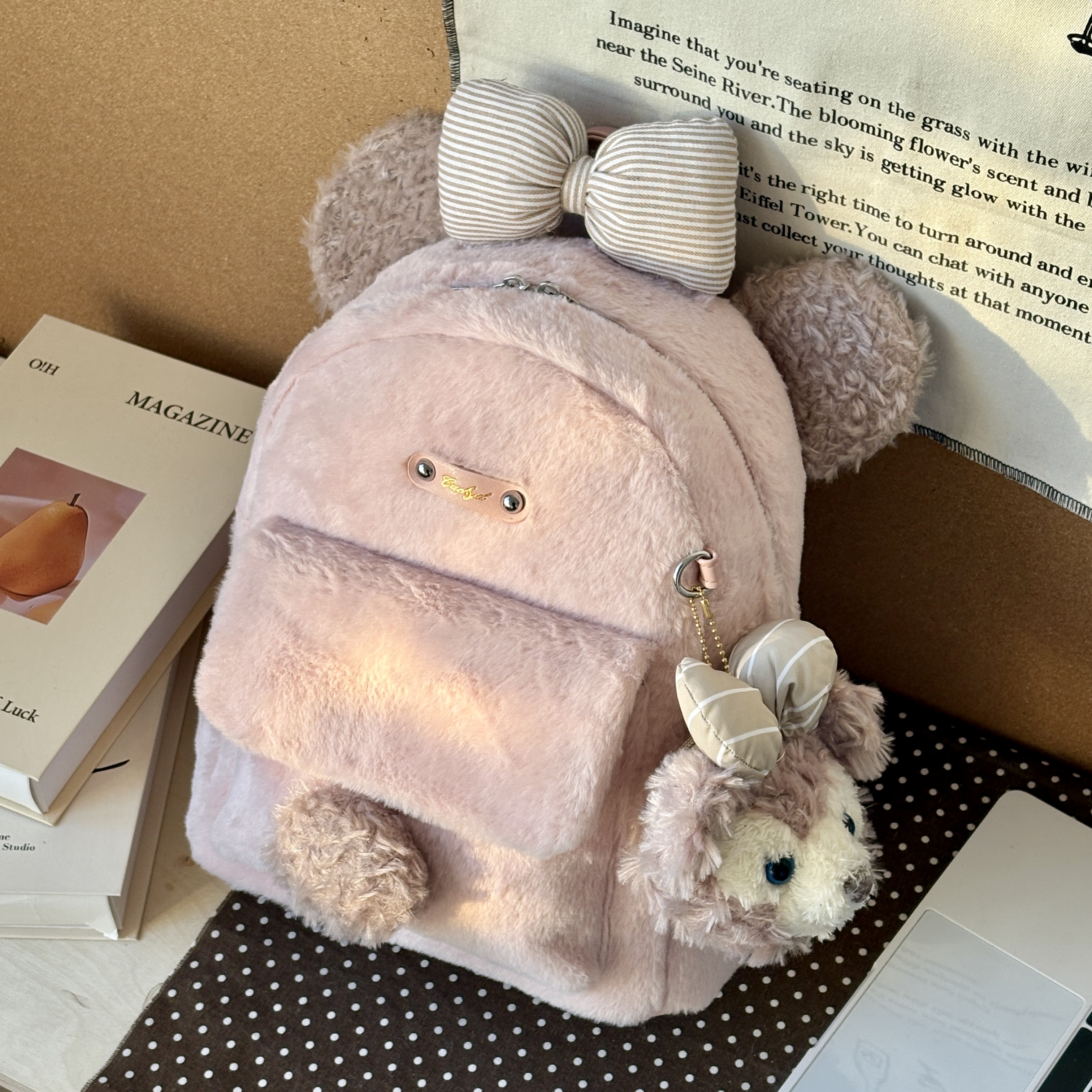 JuanJuan自制【玫玫】小众原创毛绒大容量双肩包e457