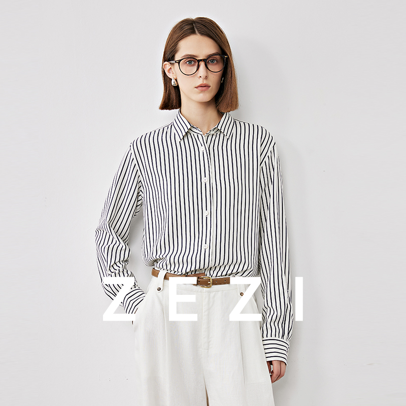 ZEZI清仓-桑蚕丝条纹衬衫翻领长袖衬衫挺括有型显瘦女士Z12C479S