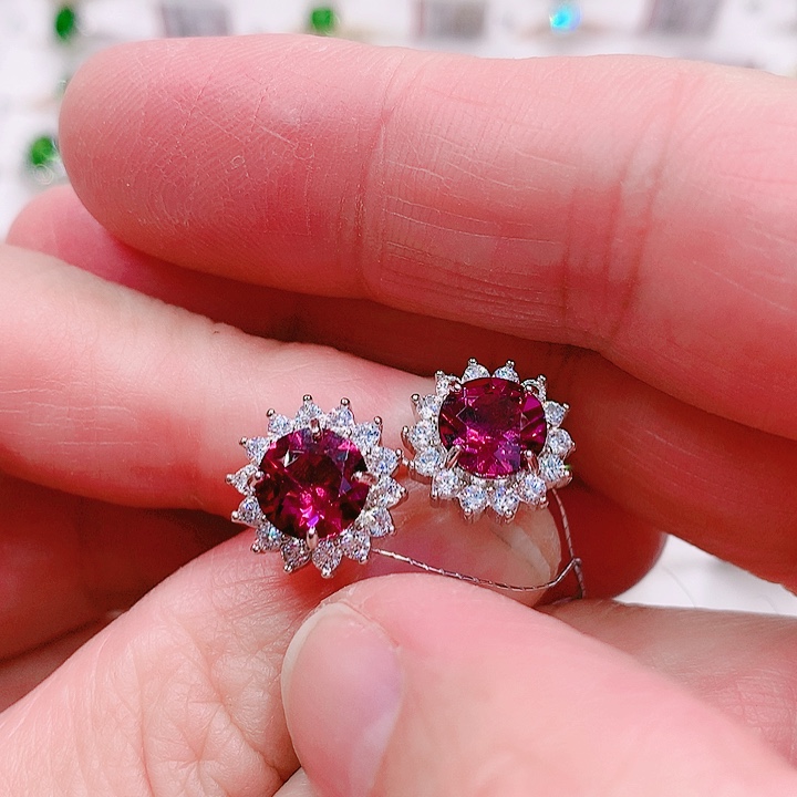 石榴石耳钉银S925镶嵌