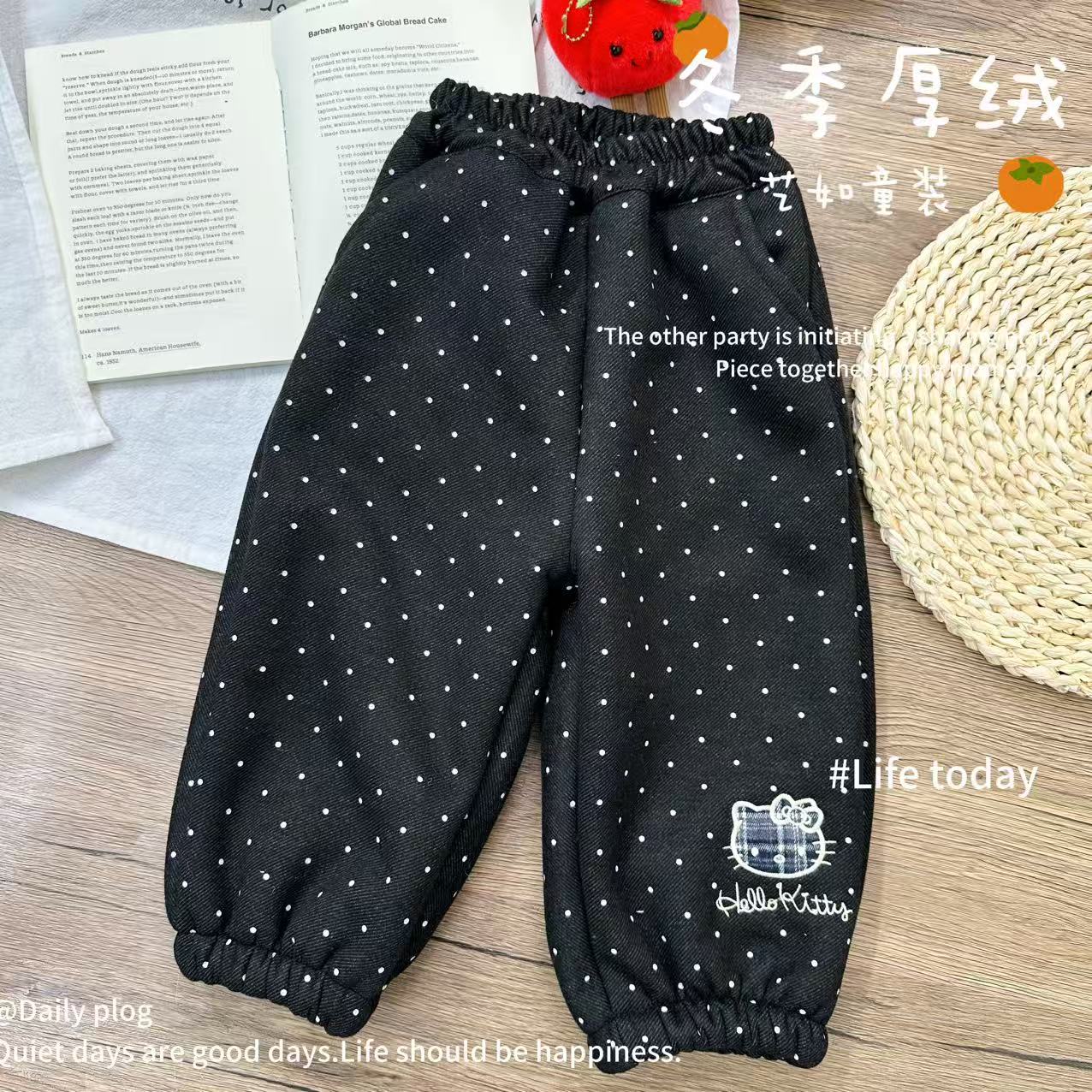 【暖冬】2025冬季上新韩系女童波点凯蒂猫刺绣百搭加绒卫裤D-H821