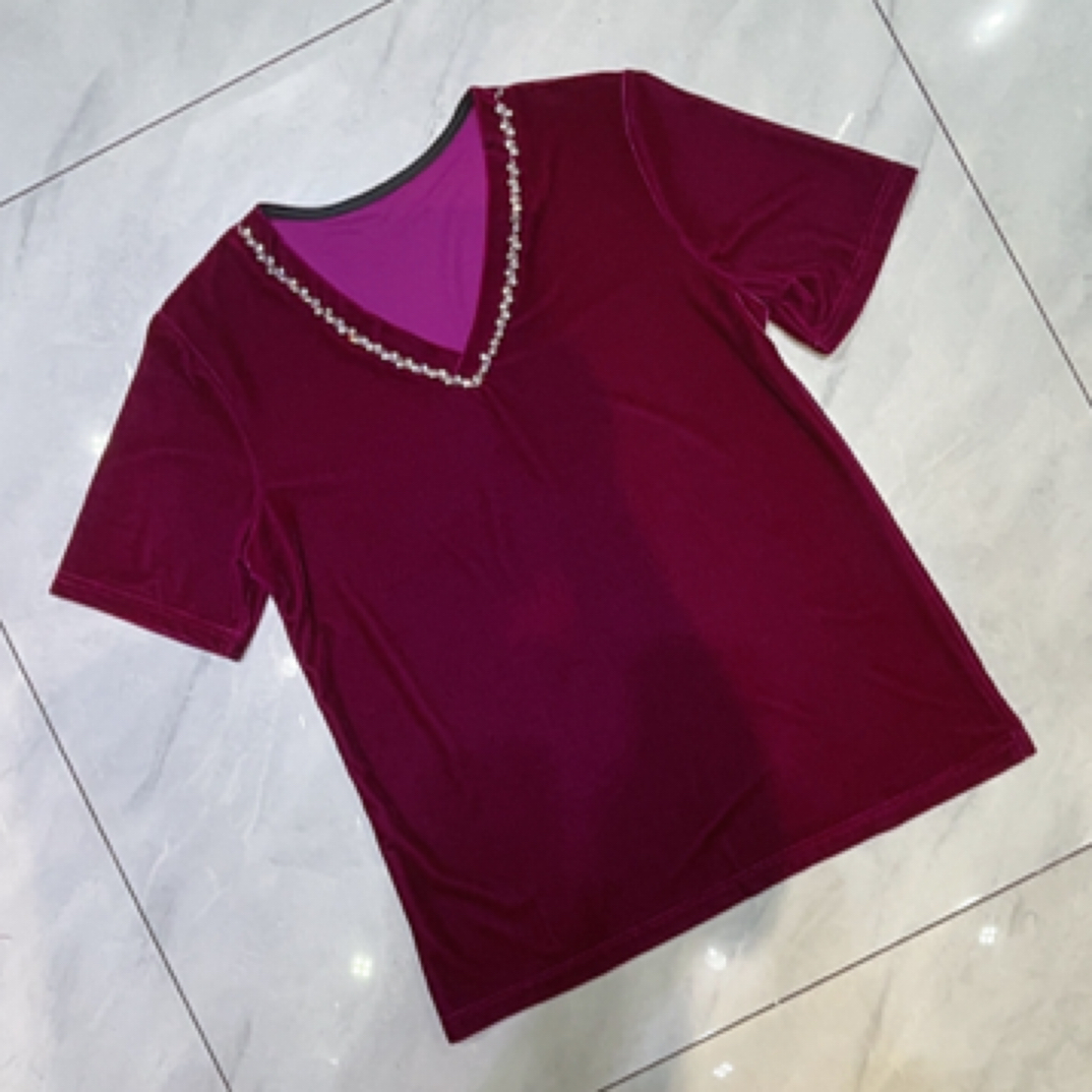 新款重工亮钻V领207时尚百搭款丝绒修身显瘦半袖上衣女款酒红色