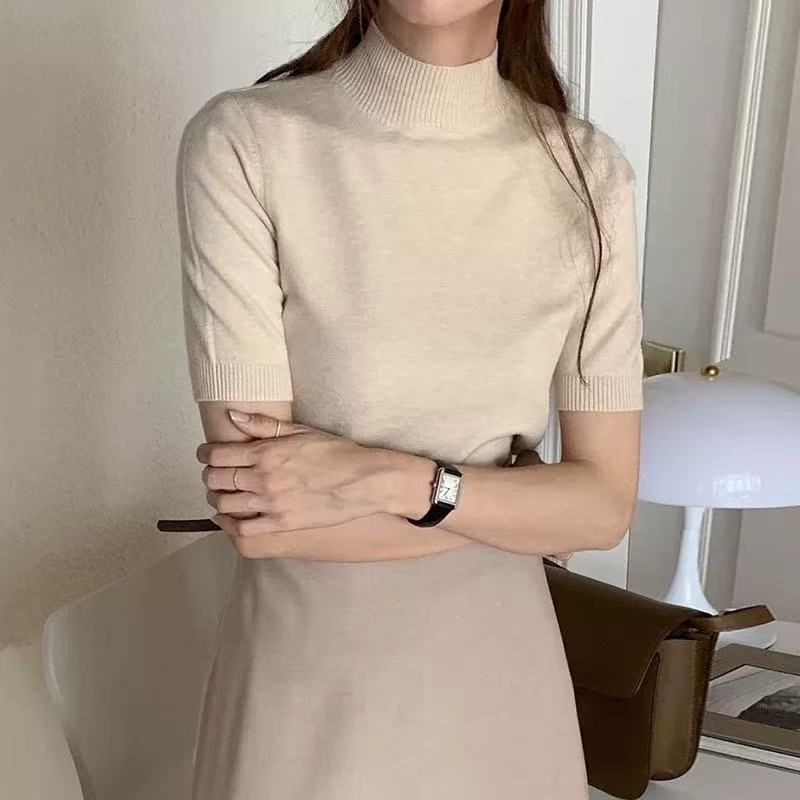 0977 韩国夏季气质百搭半高圆领修身显瘦纯色内搭短袖针织衫T恤女