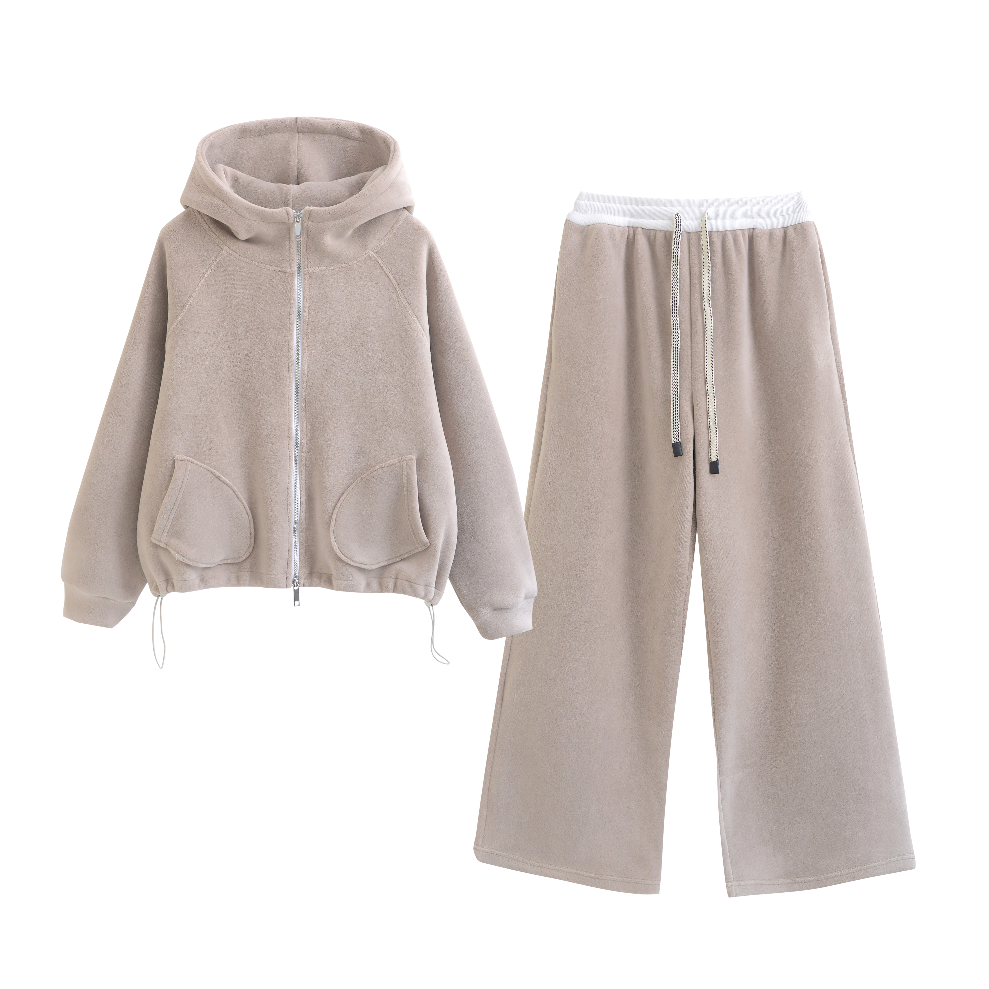 ROES MAIGZRY|冬款 蚕-丝-澳羊毛撞色拉链开衫连帽套装两件套