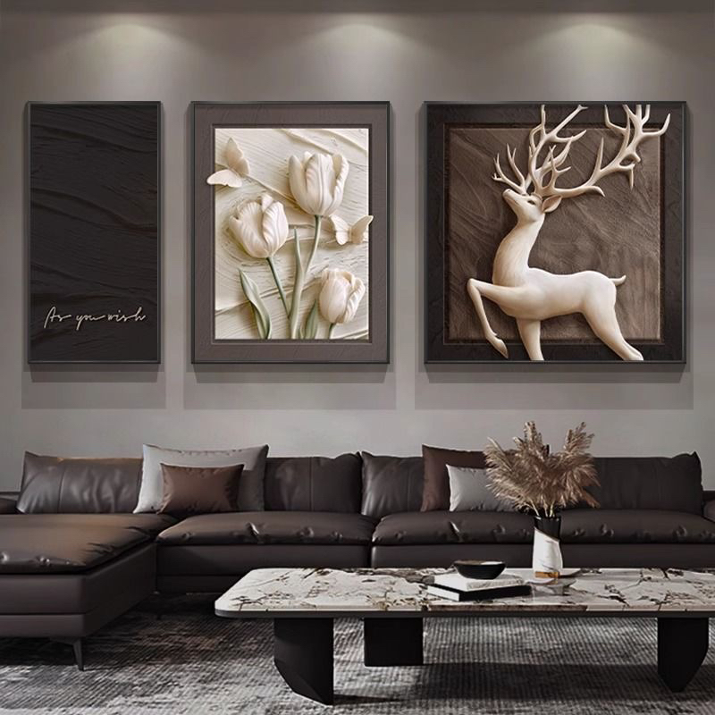 福鹿将至新款立体客厅装饰画高级感大气背景墙挂画轻奢晶瓷三联画