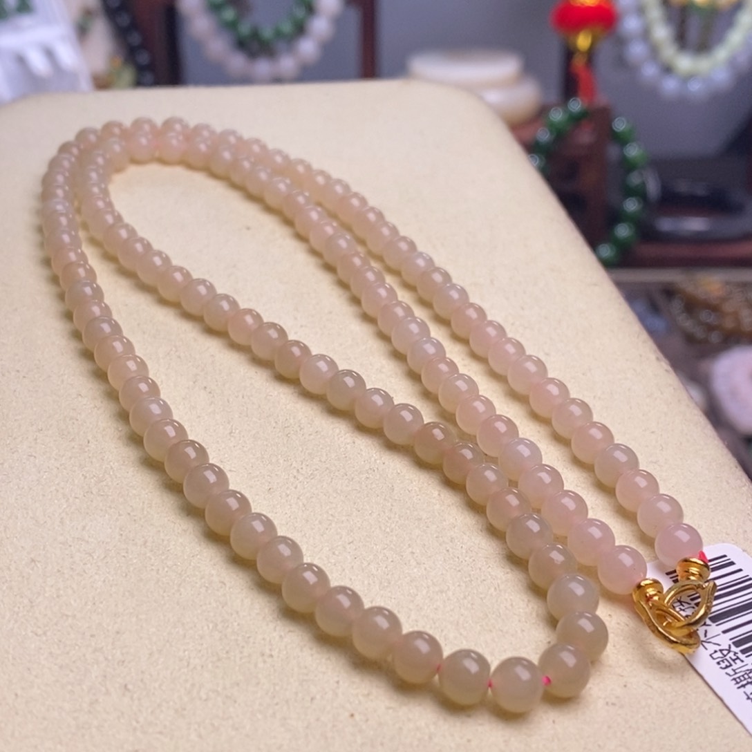 和田玉收藏熟藕粉老矿料羊脂级圆珠珠链5.5m未镶嵌