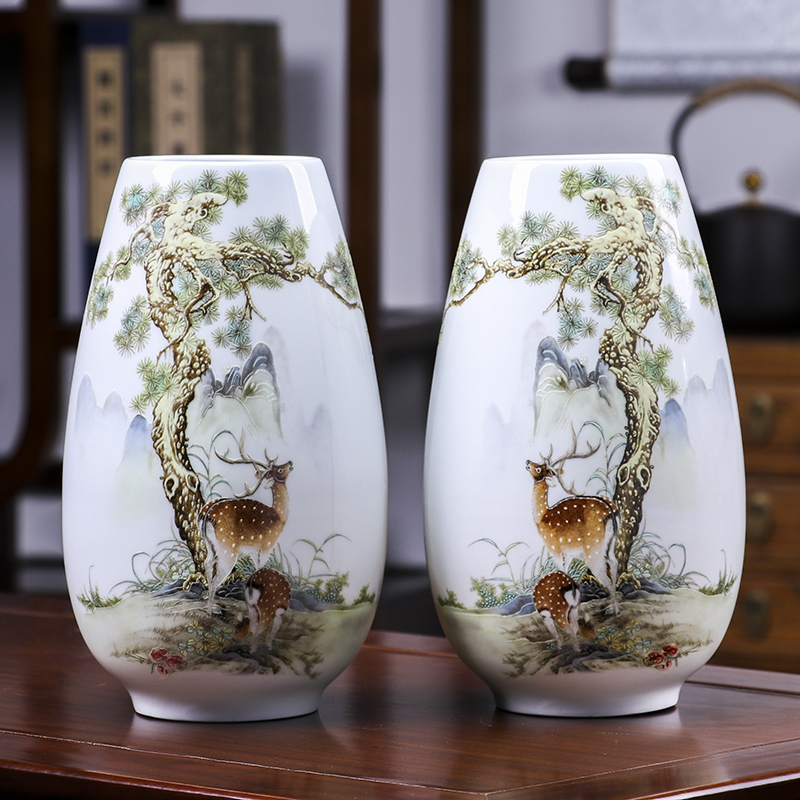 景德镇陶瓷小花瓶客厅多宝阁摆件家居干花装饰品一对夜光福禄双全