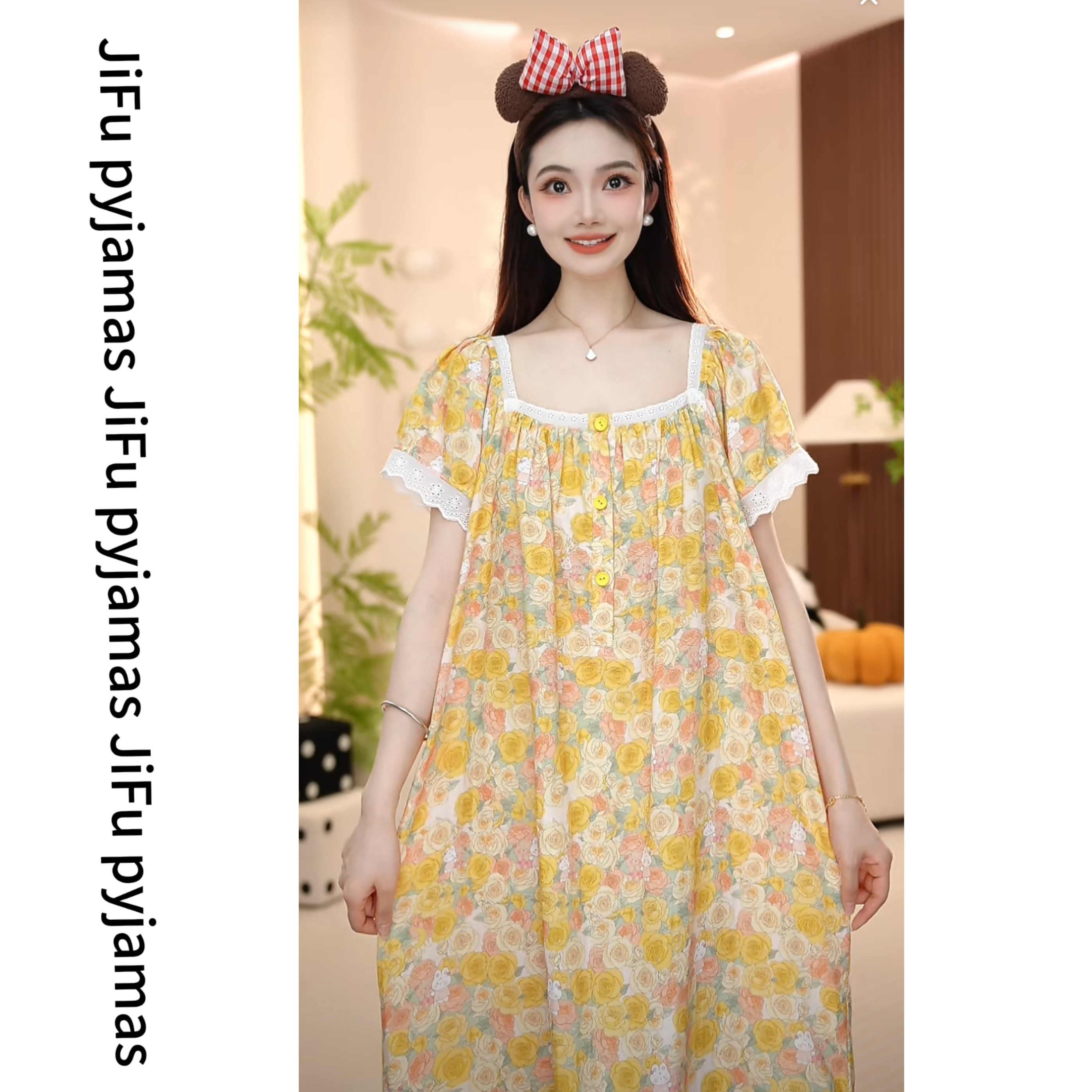 现货【黄玫瑰】纯棉韩系夏季新款睡衣女宽松柔软透气家居服套装