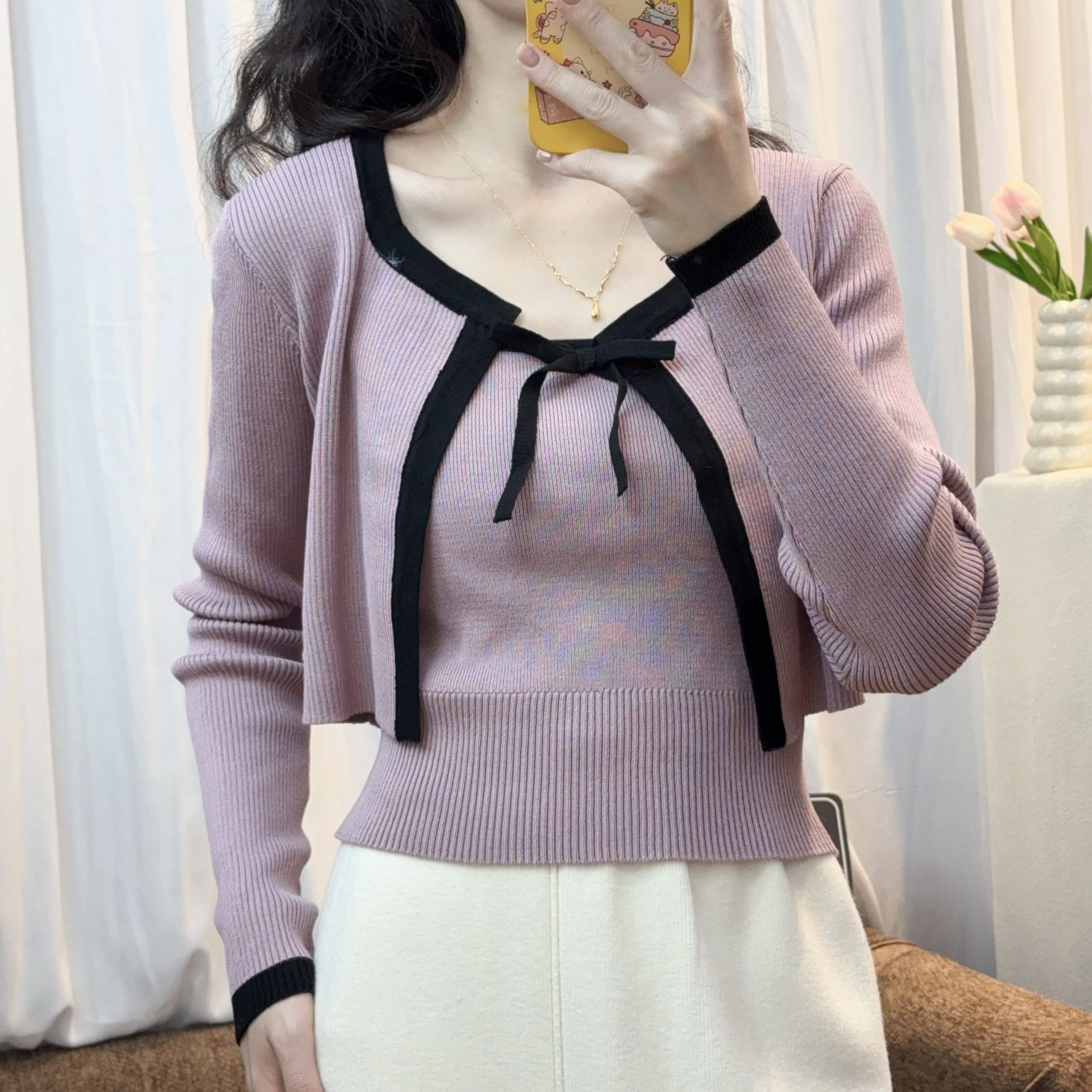 周一精选·【针织两件套】秋冬新款纯色吊带背心长袖外搭T恤百搭上衣