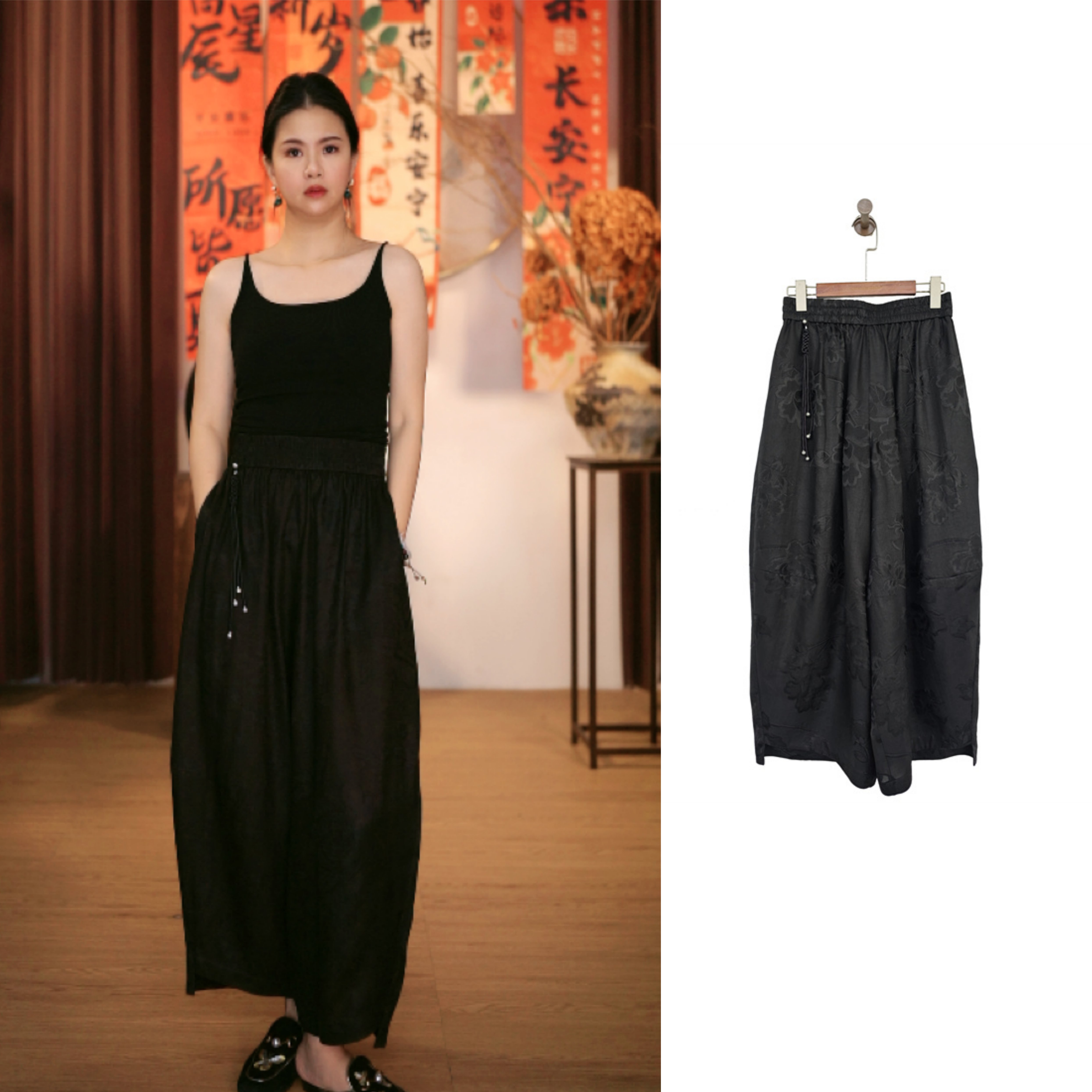 【25H580413E灯笼裤】牡丹花萝香云纱八分灯笼裤