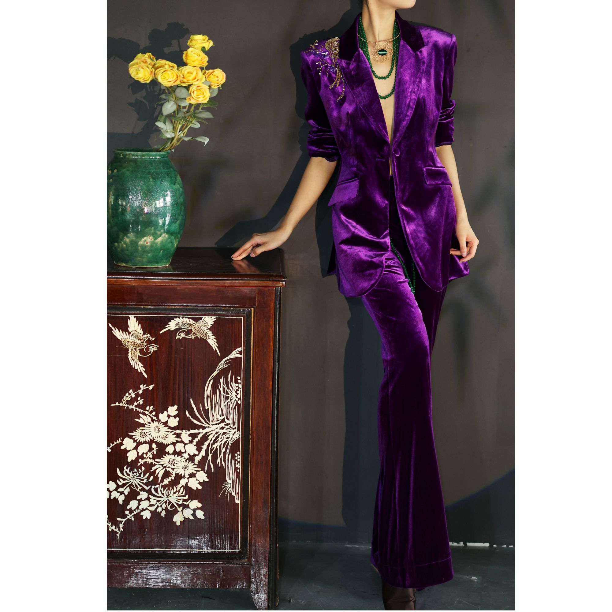 【李小姐】重工高定丝绒套装复古阔腿气质绿色休闲走秀金丝设计师