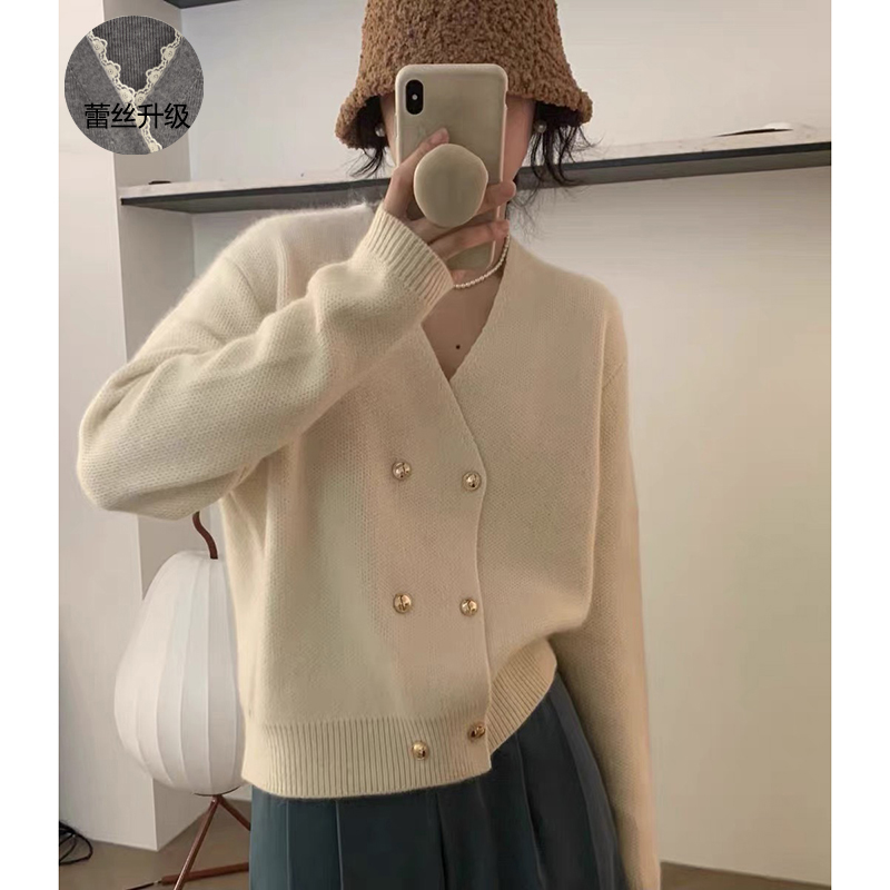 【黑色】3716双排扣开衫外套超柔软高品质V领针织毛衣