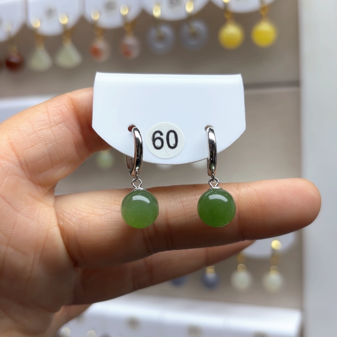 和田玉耳饰银S925镶嵌