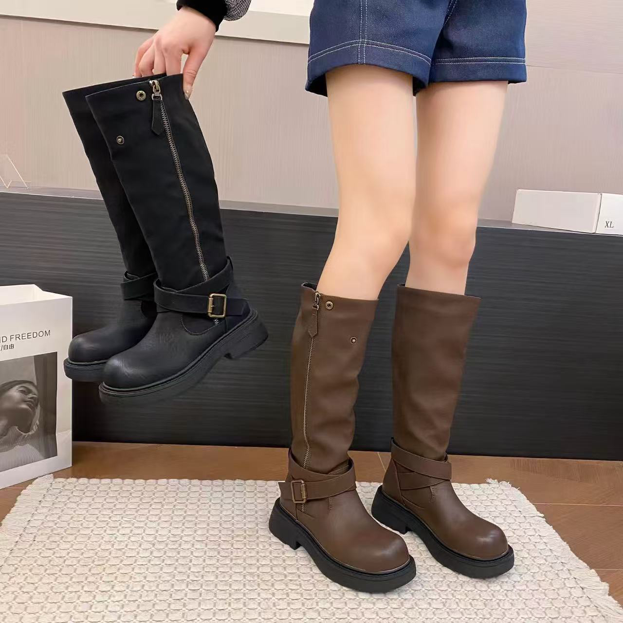 英伦风骑士靴2025新款时尚百搭单靴长靴女鞋时装靴长筒短靴 C087