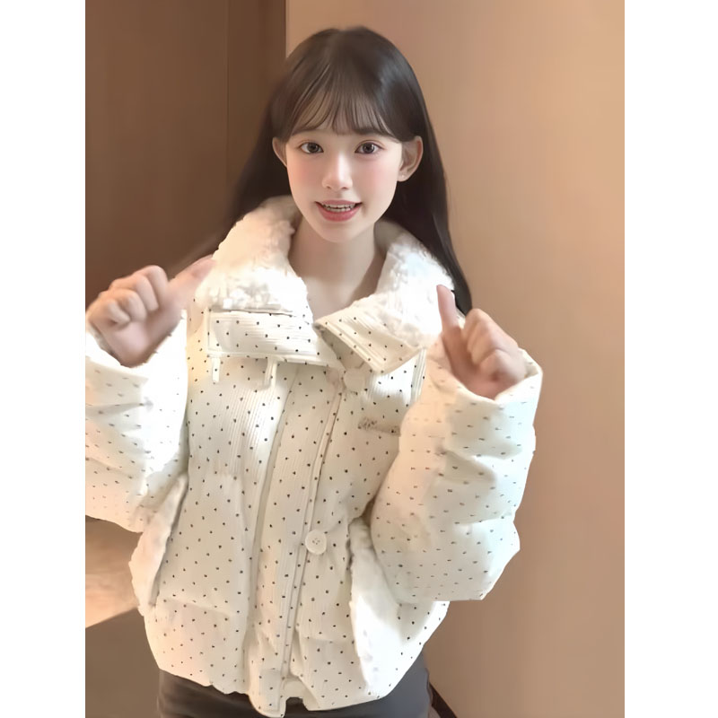甜美波点棉服短款冬季女款2025韩系设计加厚宽松面包棉衣外套