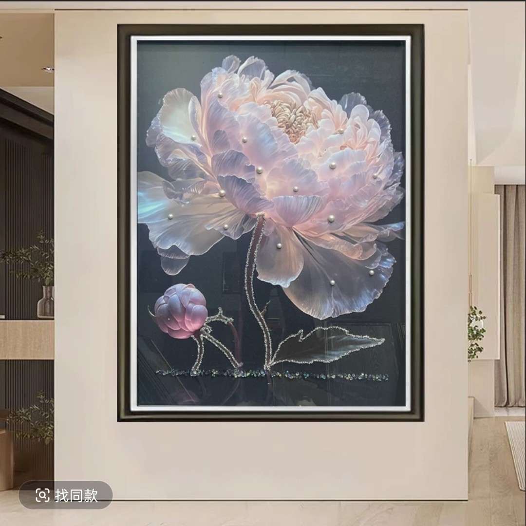 K05光影牡丹现代简约玄关挂画轻奢花开富贵客厅沙发背景落地画