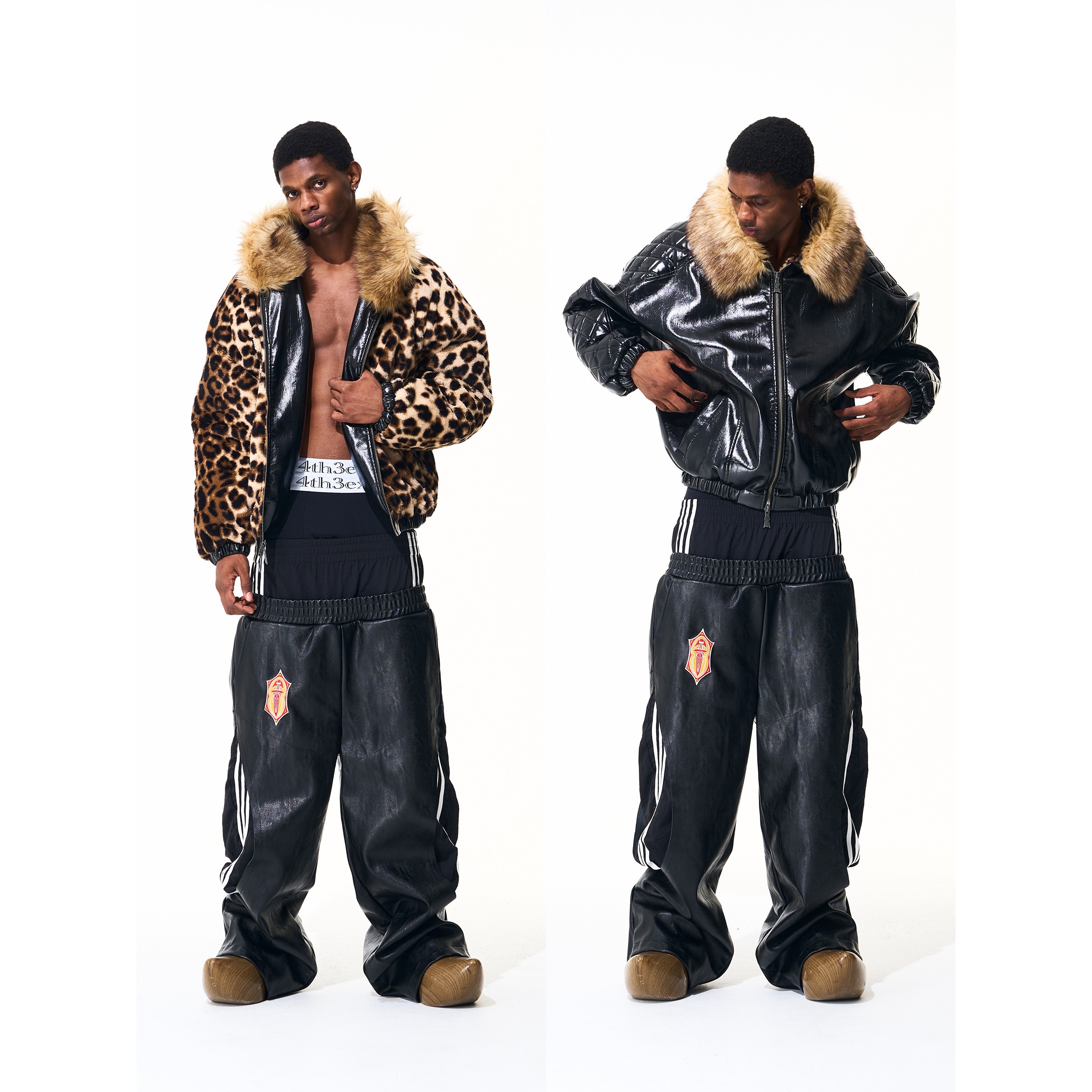 Fourth3ex 25FW 双面穿 菱形格豹纹皮衣外套男冬季毛领皮草夹克