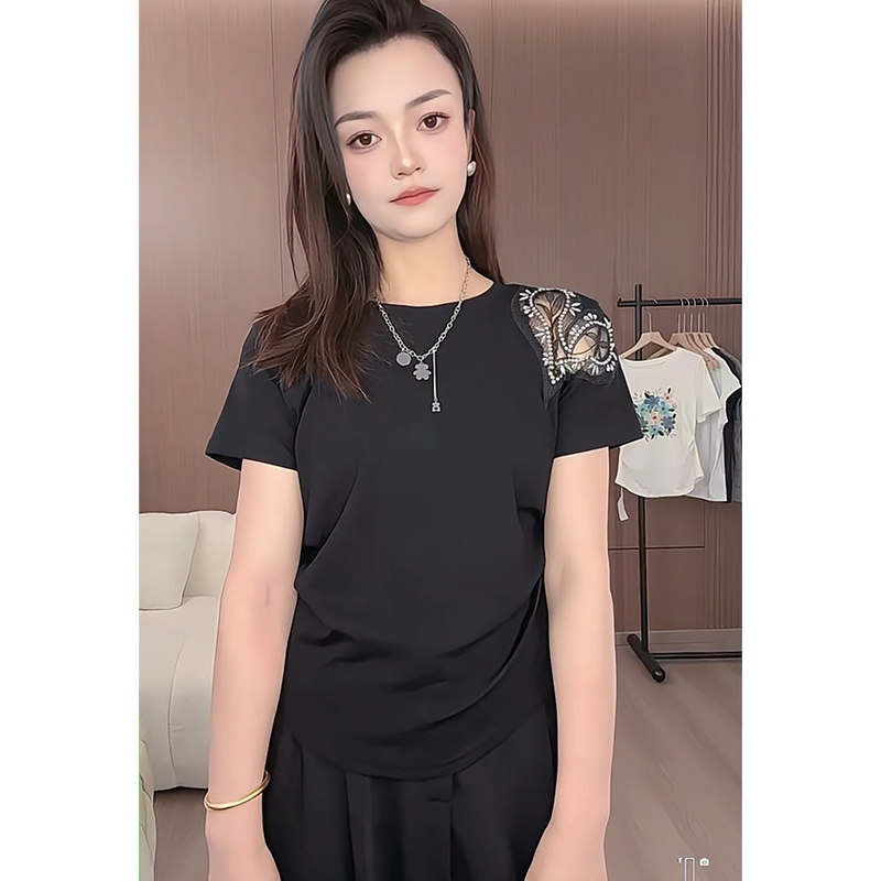 2025夏季新款 褶皱爱心烫钻蕾丝短袖T恤女显瘦百搭上衣女
