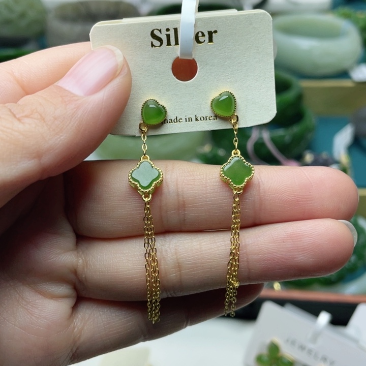 和田玉耳饰银S925镶嵌