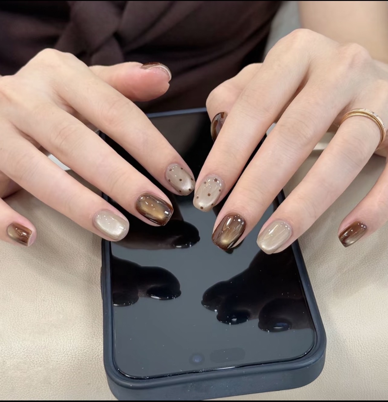 秋冬棕色波点猫眼短方手工穿戴甲10片装