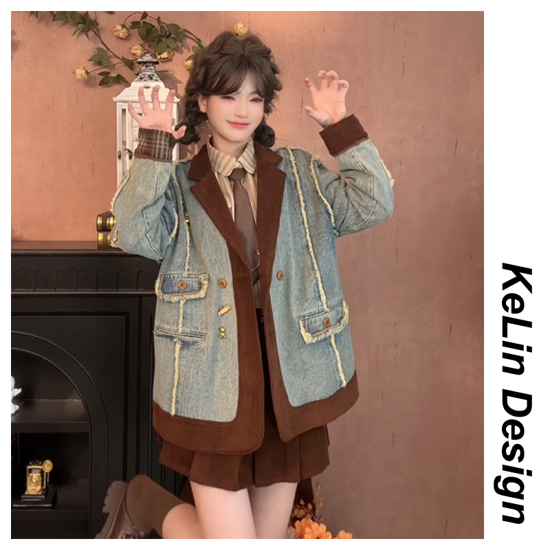 复古灯芯绒拼接西装牛仔外套女2025新款春秋设计感西服夹克