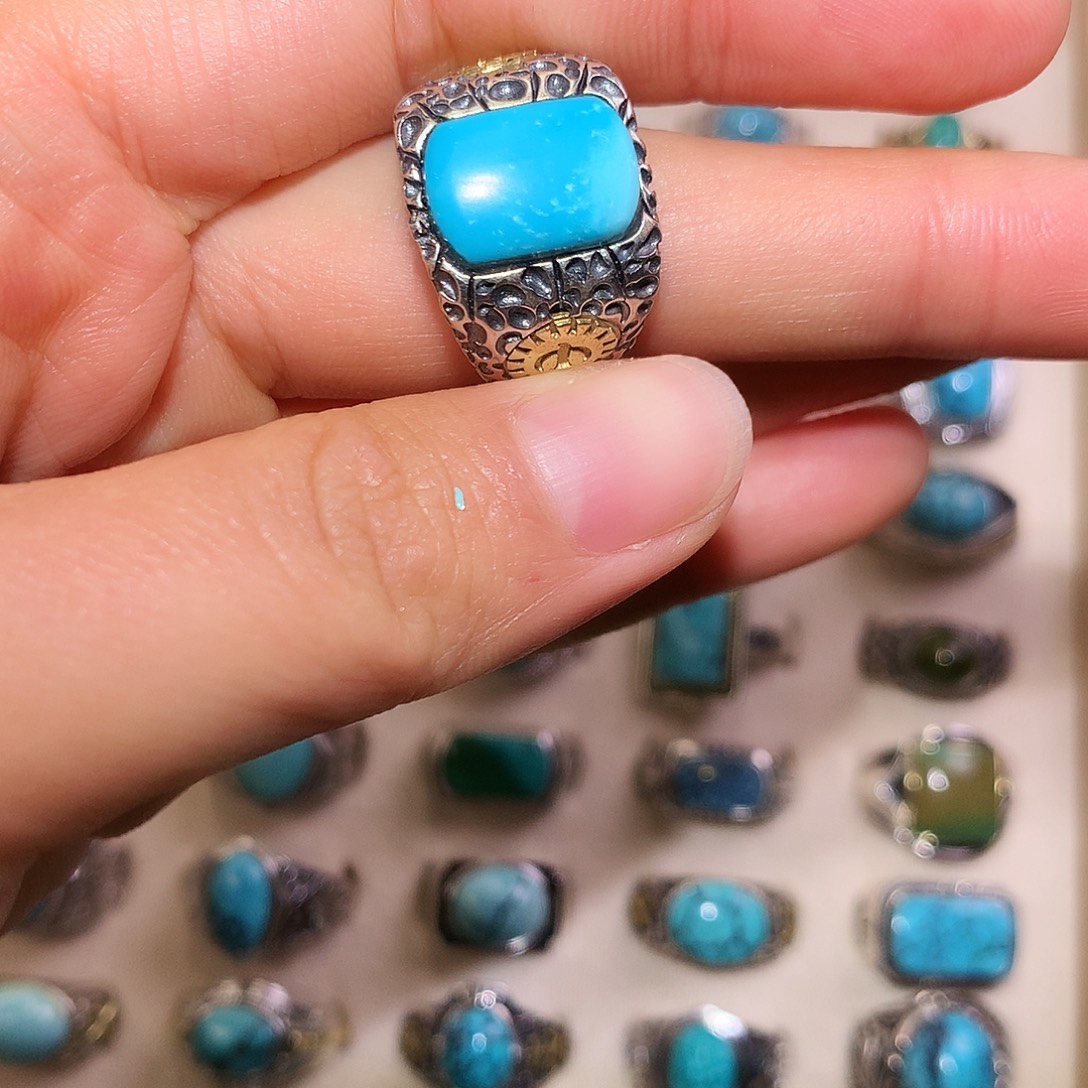 道***明绿松石银S925镶嵌戒指