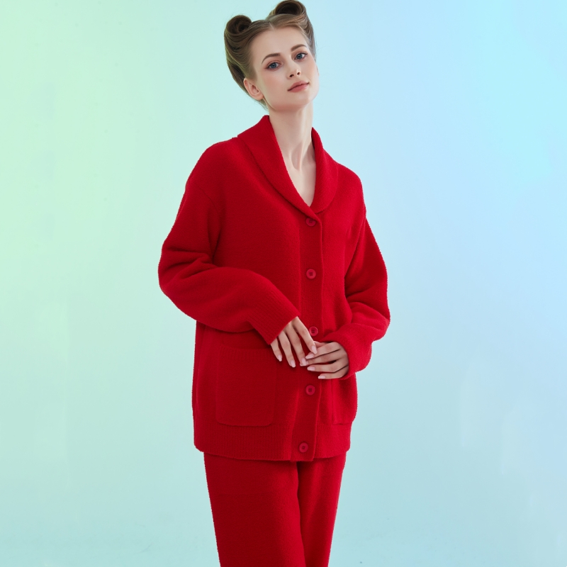 【1套装】  肌羽 半边绒 红色 新年 情侣款 翻领 开衫 家居服