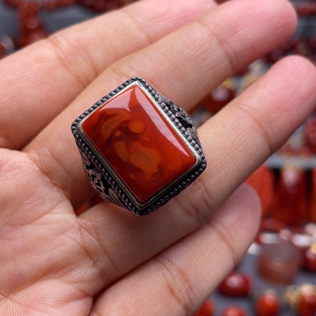 南红玛瑙银S925镶嵌珠宝奇石戒指