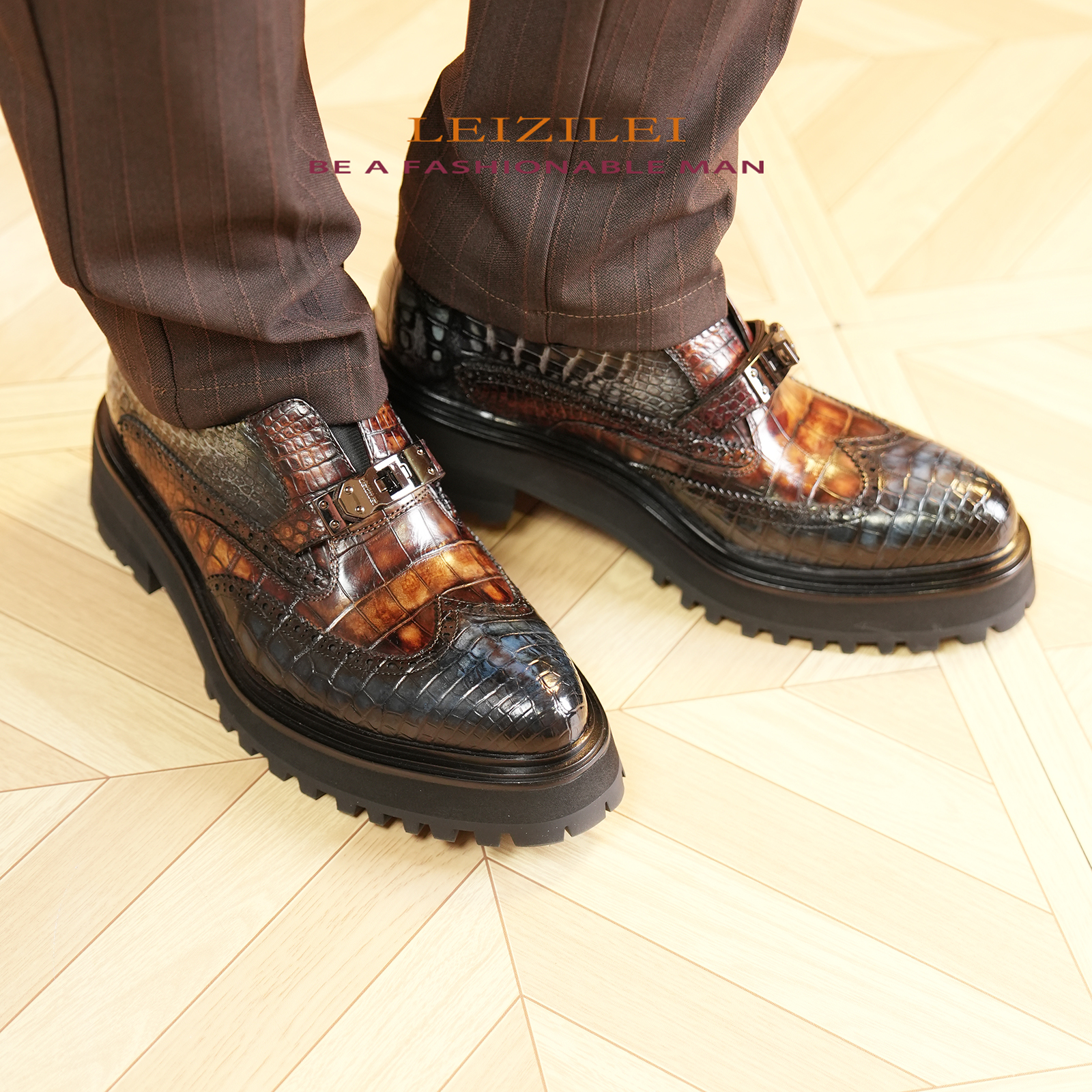 【古天龙】LEIZILEI南非尼罗鳄手工擦色时尚轻奢正装商务休闲皮鞋