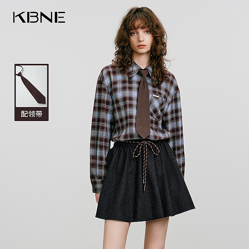 KBNE衬衫女2025新款爆款洋气经典学院风格纹磨毛衬衫独特漂亮小衫