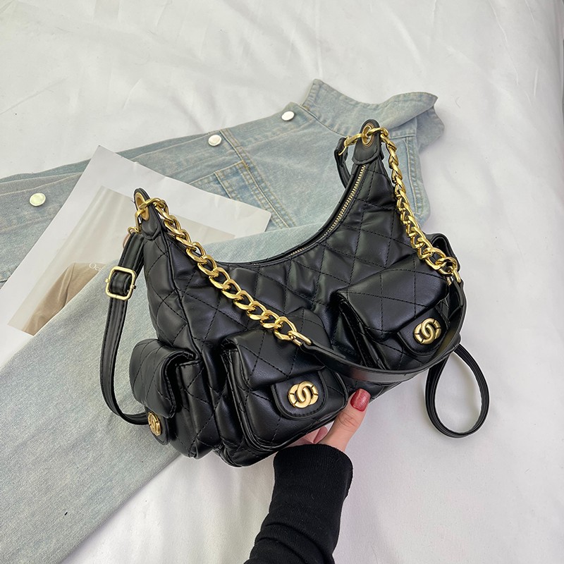 都市简约链条腋下包女高中生包包便携式格纹拉链5170