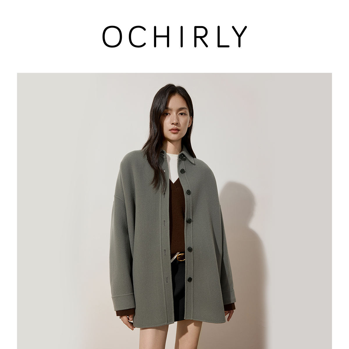 OCHIRLY欧时力 澳大利亚100%羊毛双面呢廓形外套女2024秋冬新品
