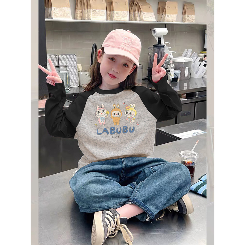 女童洋气t恤纯棉卡通插肩打底衫2025新款儿童春秋装长袖上衣圆领