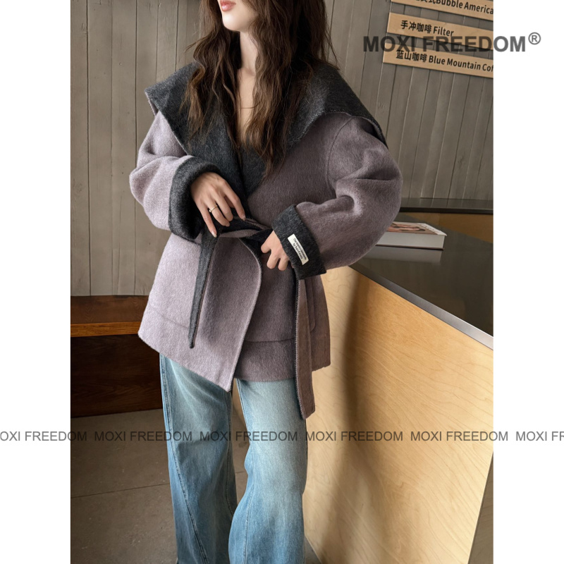 【双面叙事】秋冬季设计师款双色长毛双面羊毛呢大衣气质外套女装