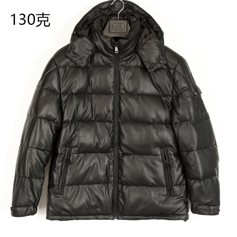 130克穿到零下5度男士白鹅绒绵羊皮连帽保暖黑色皮衣外套25306-3