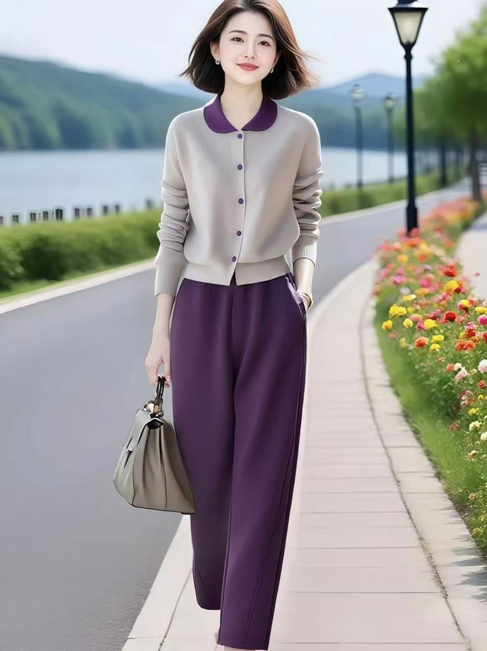 zs长袖时尚洋气秋季女装两件套高级感撞色休闲气质套装