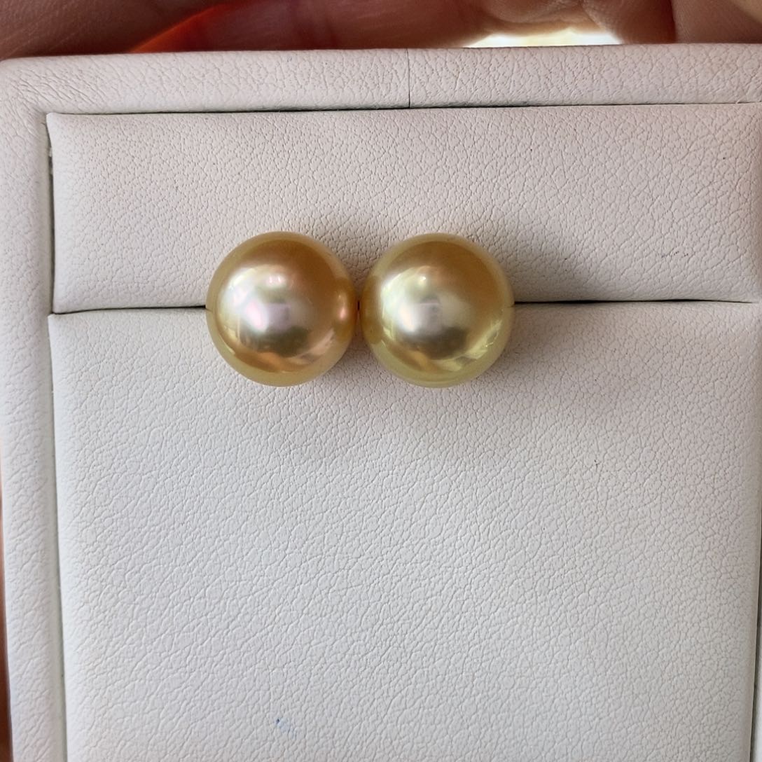 海水珍珠耳饰18K金镶嵌南洋金珠11-12m m