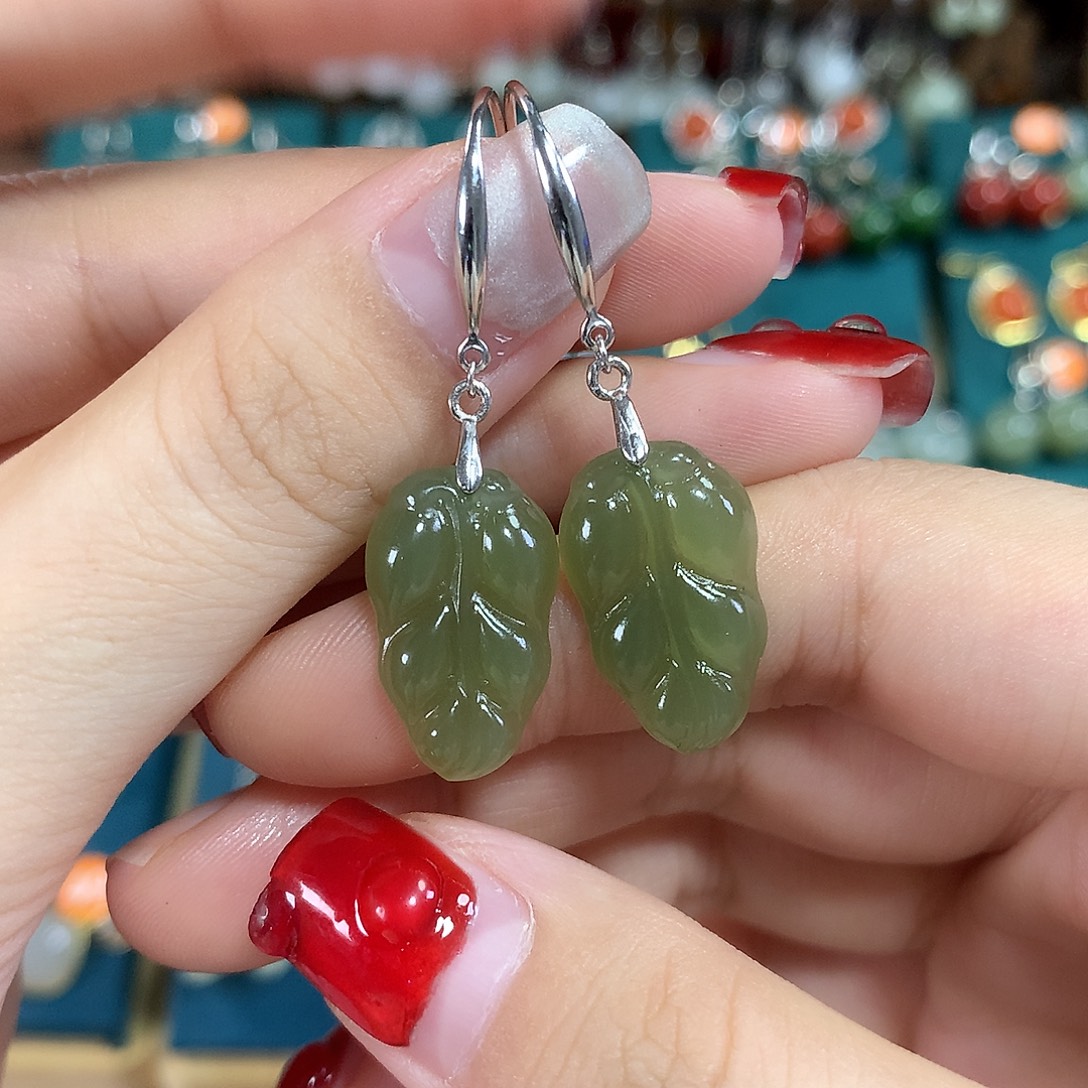 和田玉银S925镶嵌耳饰金枝玉叶