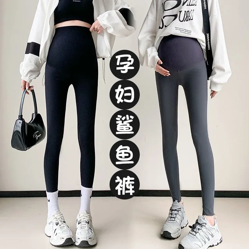 孕妇高腰弹力托腹鲨鱼皮打底裤春秋季外穿时尚九分瑜伽黑色裤子女