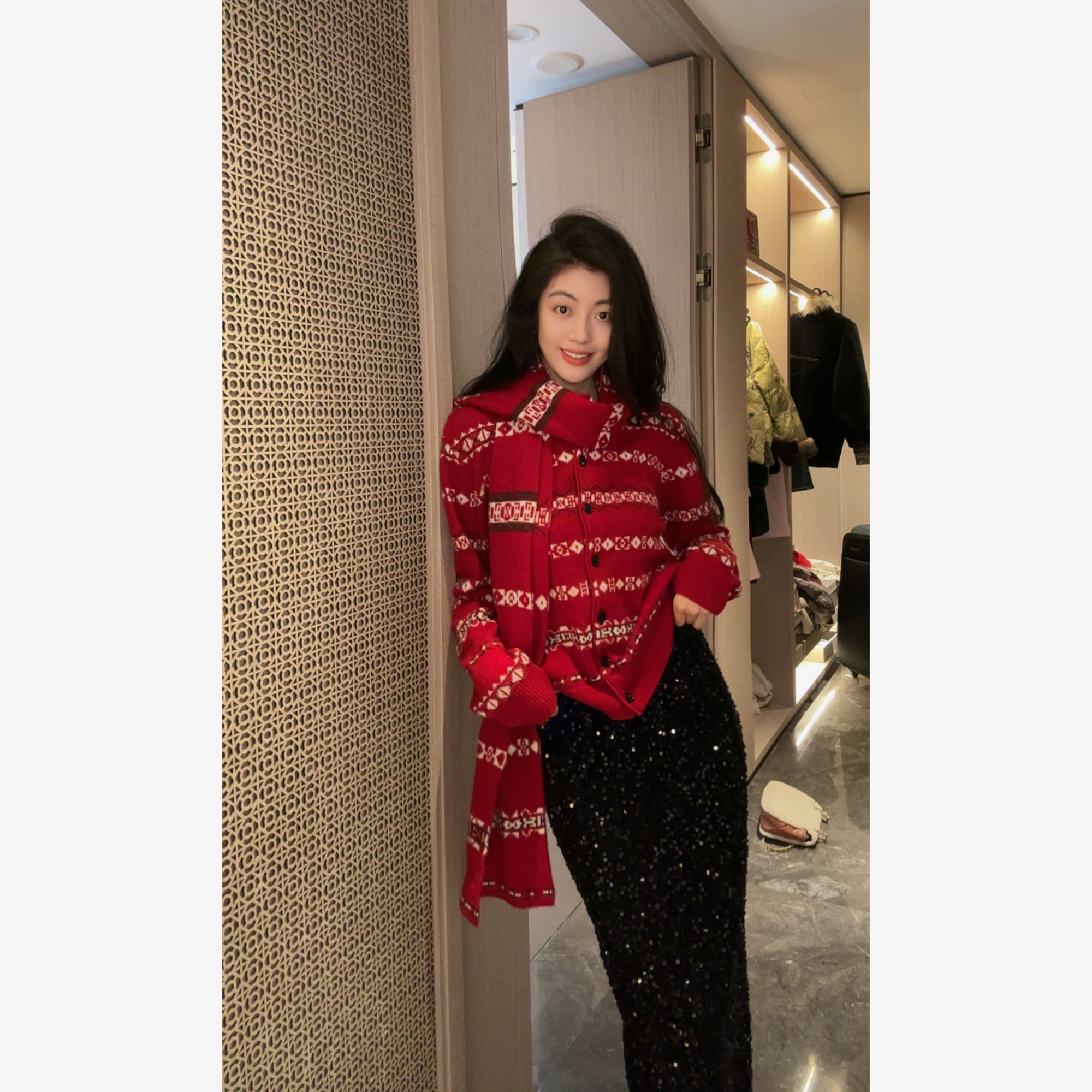 【N·COU】25冬新款【费尔岛】100绵羊毛红色新年毛衣开衫DY10837