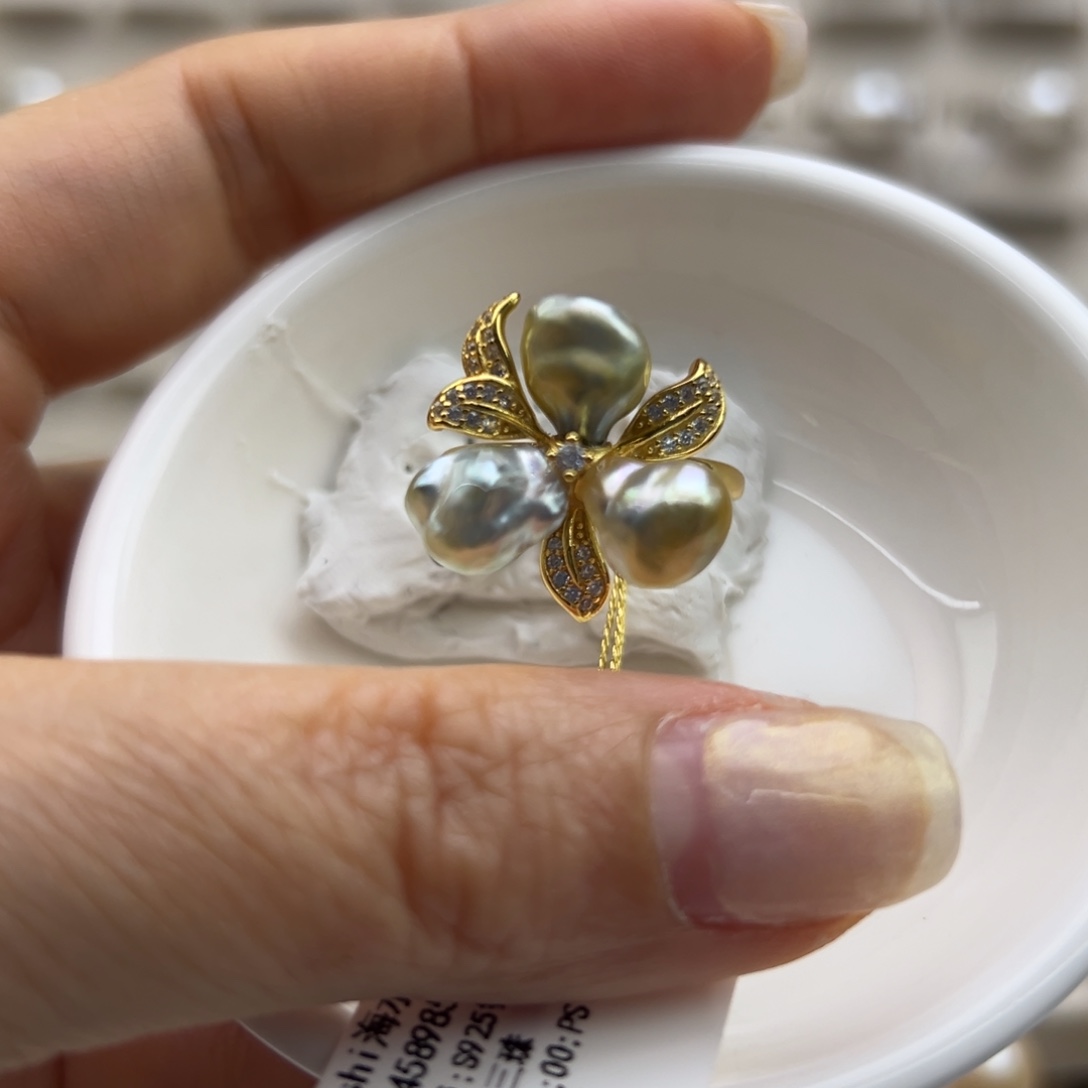 银S925镶嵌戒圈海水珍珠克旭三珠戒指