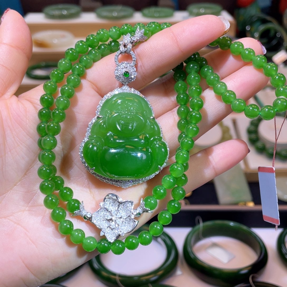 和田玉收藏级18Ｋ碧玉套装18K金镶嵌