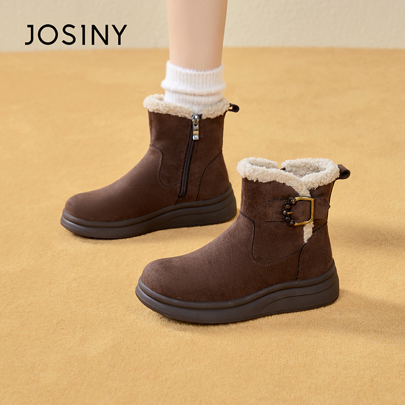 卓诗尼加绒保暖雪地靴女2025秋季新款休闲百搭厚底软底增高短靴